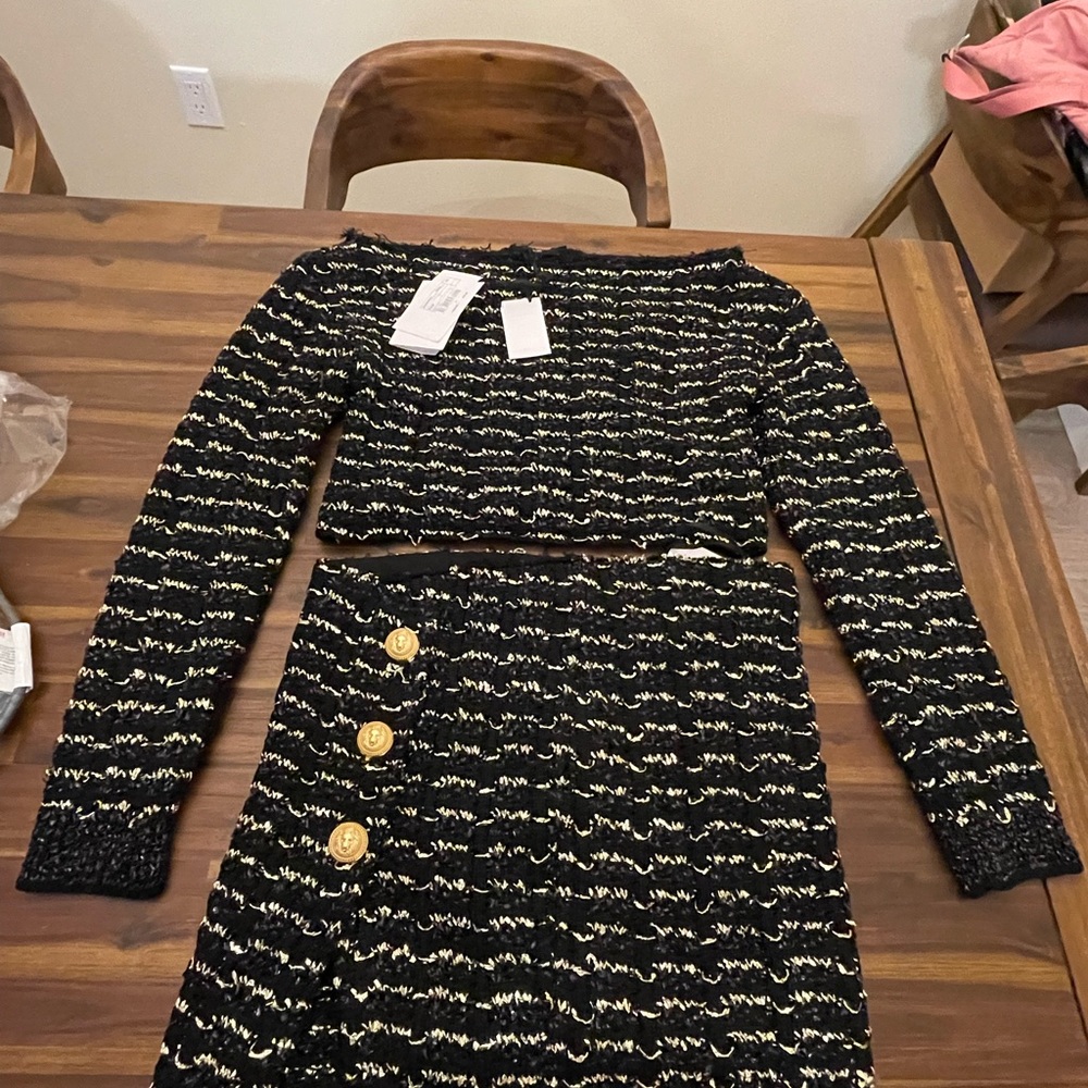 Balmain Off the Shoulder Metallic Tweed Crop Sweater And mini skirt